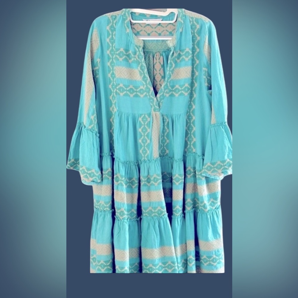 Dharma Dress  Sz M Cotton Weaved Geometric Tiered  Knee long Boho chic Hippie